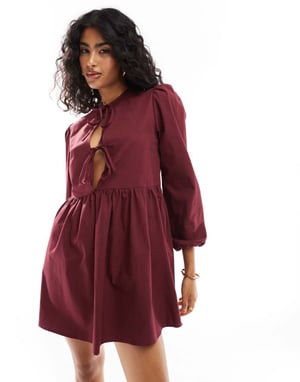 ASOS DESIGN poplin knytfront långärmad klänning i bordeaux