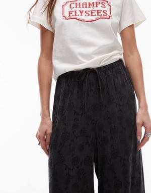 Topshop jacquard blommig dragsnörsbyxa i svart