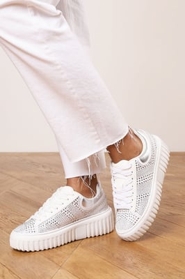 Where's That From Womens 'Eliane' White and Silver Lace Up Trainer with Diamante pattern and chunky sole