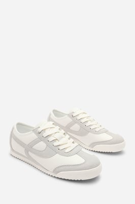 Where's That From Womens 'Caia' White Court Lace up Trainer with Grey  Stripe detail