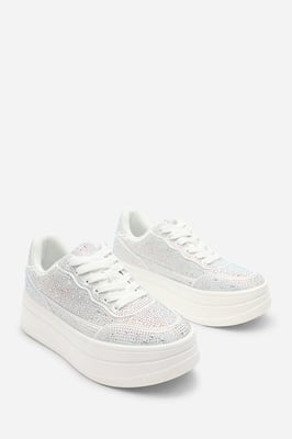 Where's That From Womens 'Darcia' White Wedge Lace Up trainer with Silver diamante Detail