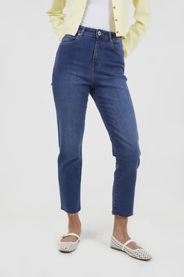 Mid Blue High Waist Raw Hem Mom Jeans