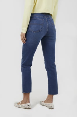 Mid Blue High Waist Raw Hem Mom Jeans