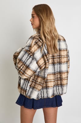 Check Print Boxy Teddy Jacket