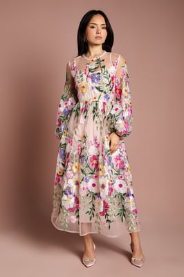 Petite Long Sleeve Embroidered Maxi Dress