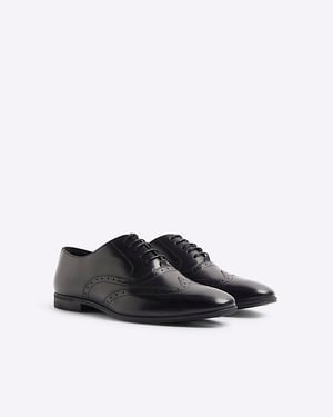River Island Mens Oxford Brogue Shoes Black Leather Wide Fit