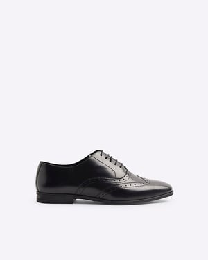 River Island Mens Oxford Brogue Shoes Black Leather Wide Fit