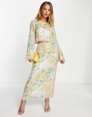 ASOS EDITION pastellblommig mönstrad och paljetterad midikjol med fransar