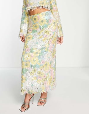 ASOS EDITION pastellblommig mönstrad och paljetterad midikjol med fransar