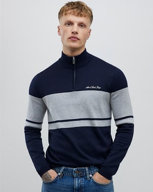 River Island Mens Jumper Navy Slim Fit Colour Block Half Zip