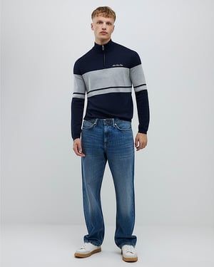 River Island Mens Jumper Navy Slim Fit Colour Block Half Zip
