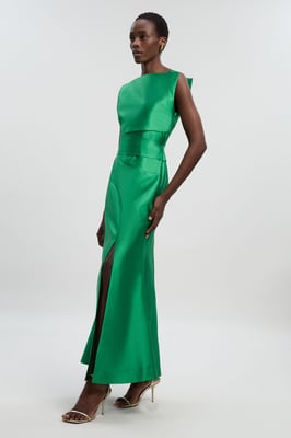 Satin Twill Draped Waist Structured Tailored Maxi Dress