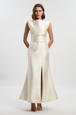 Satin Twill Draped Waist Structured Tailored Maxi Dress