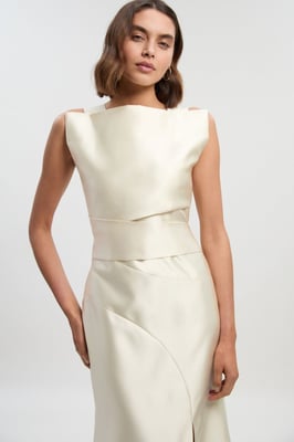 Satin Twill Draped Waist Structured Tailored Maxi Dress