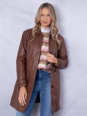 Marton Longline Button Down Leather Coat in Cognac