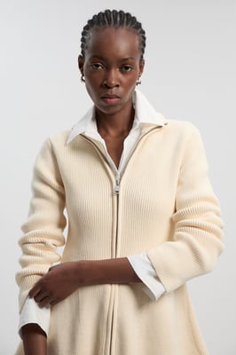 Cotton High Neck Zip Through Longline Knit Jacket