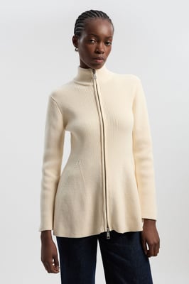 Cotton High Neck Zip Through Longline Knit Jacket