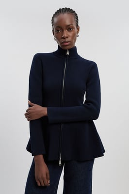 Cotton High Neck Zip Through Longline Knit Jacket
