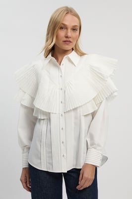 Cotton Poplin Ruffle Detail Long Sleeve Woven Collared Shirt