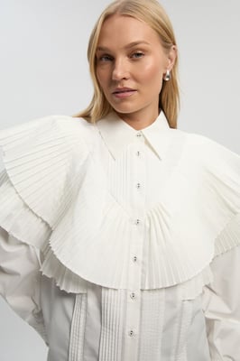 Cotton Poplin Ruffle Detail Long Sleeve Woven Collared Shirt