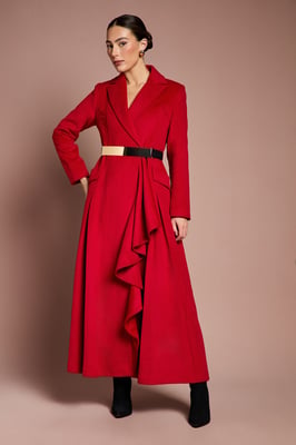 Lisa Tan Occasion Gold Belt Ruffle Detail Longline Coat