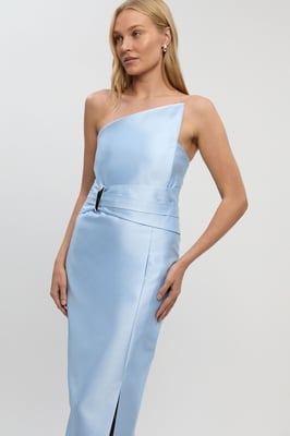 Satin Twill Trim Detail Structured Asymmetric Neck Tailored Midi Dress