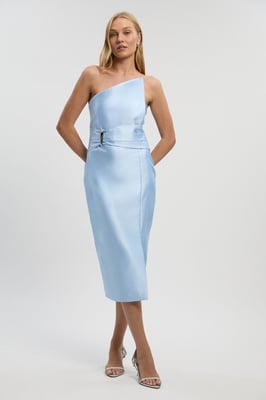 Satin Twill Trim Detail Structured Asymmetric Neck Tailored Midi Dress