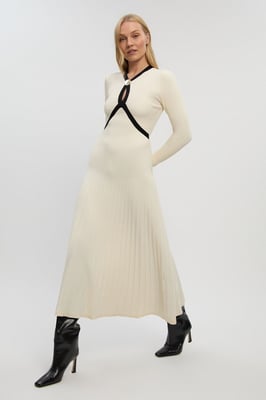 Rib Knit Trim Detail Full Skirt Midi Dress