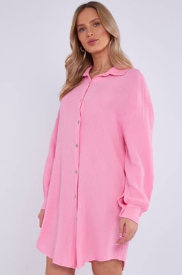 Pink Cotton Textured Oversized Long Shirt