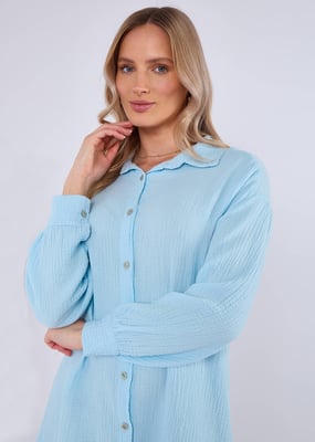 Blue Cotton Textured Oversized Long Shirt
