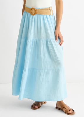 Blue Cotton Seersucker Belted Maxi Skirt