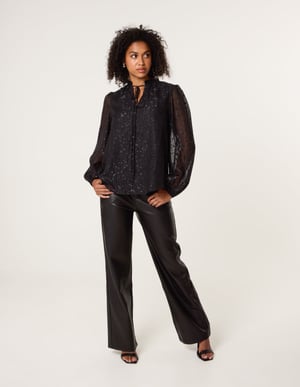 Jacquard Button And Tie Front Blouse