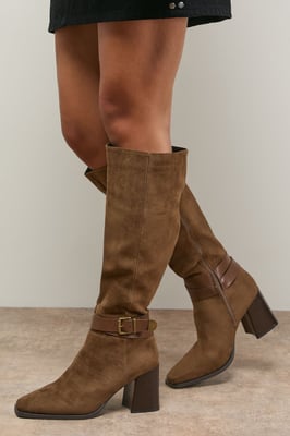 Tabitha Faux Suede Buckle Detail Square Toe High Block Heel Boot