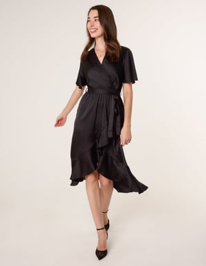 Satin Wrap Frill High To Low Midi Dress