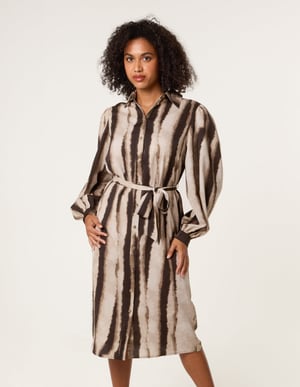 Printed Puff Sleeve Button Through Midi Dress
