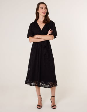 Double Angel Sleeve Lace Midi Dress