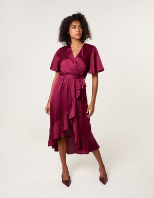 Satin Wrap Frill High To Low Midi Dress