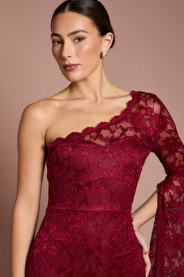 One Shoulder Cap Detail Lace Maxi Dress