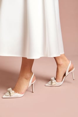 Bridal Selena Satin Pearl Bow Pointed High Stiletto Heel Slingback Court Shoes