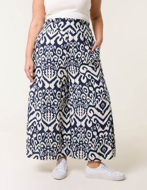 Curve Abstract Printed Shirred Waist Wide Leg Trousers