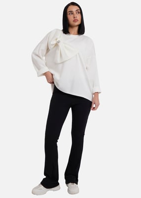 Cream Side Contrast Bow Oversized Jumper Top
