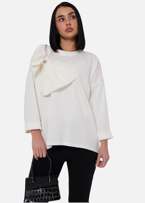 Cream Side Contrast Bow Oversized Jumper Top