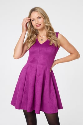 Purple Faux Suede Knee Length Skater Dress