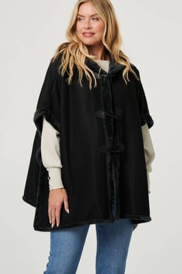 Black Faux Fur Lined Hooded 1/2 Sleeve Poncho