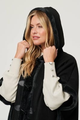 Black Faux Fur Lined Hooded 1/2 Sleeve Poncho