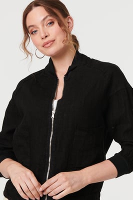 Black Pocket Detail Zip Front Bomber Jacket