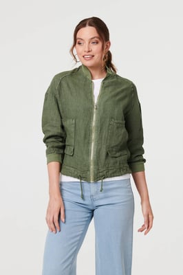 Khaki Pocket Detail Zip Front Bomber Jacket