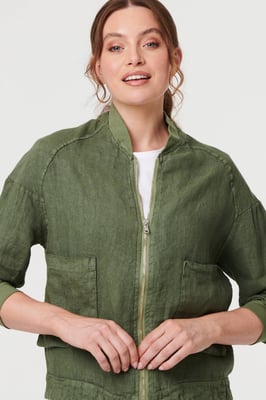 Khaki Pocket Detail Zip Front Bomber Jacket