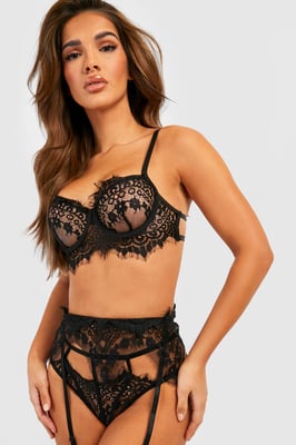 Eyelash Lace Bralette Suspender and Thong Set
