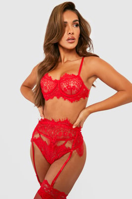 Eyelash Lace Bralette Suspender and Thong Set